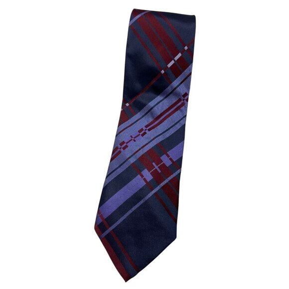 KENZO Men's 100% Silk Necktie LUXURY Tie Navy Burgundy Purple Tartan W:3.7